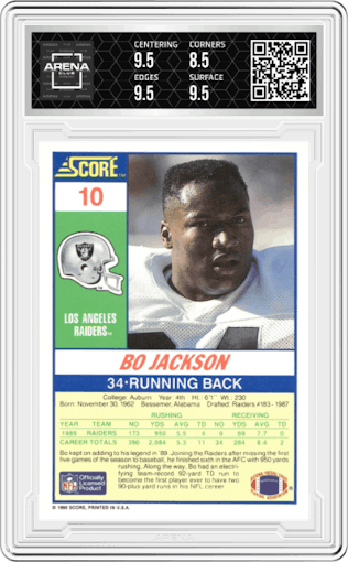 Bo Jackson from the 1990 Score set graded by Arena Club and given an overall grade of 9.