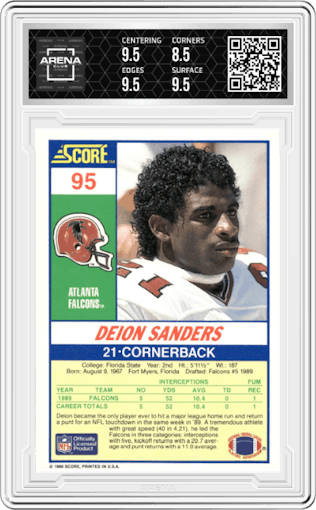 Deion Sanders from the 1990 Score set graded by Arena Club and given an overall grade of 9.