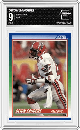 Deion Sanders from the 1990 Score set graded by Arena Club and given an overall grade of 9.