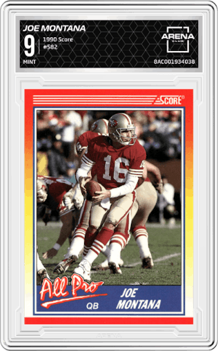 Joe Montana from the 1990 Score set graded by Arena Club and given an overall grade of 9.