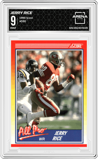 Jerry Rice from the 1990 Score set graded by Arena Club and given an overall grade of 9.