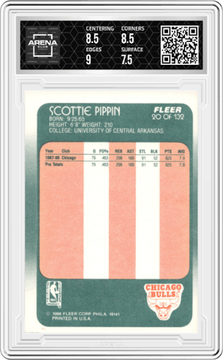 Scottie Pippen from the 1988-89 Fleer set graded by Arena Club and given an overall grade of 8.