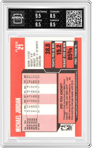 Michael Jordan from the 1989-90 Fleer set graded by Arena Club and given an overall grade of 9.