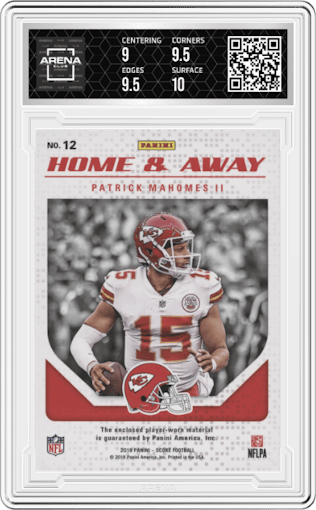 Patrick Mahomes II from the 2018 Panini Score set graded by Arena Club and given an overall grade of 9.5.