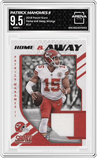 Patrick Mahomes II from the 2018 Panini Score set graded by Arena Club and given an overall grade of 9.5.