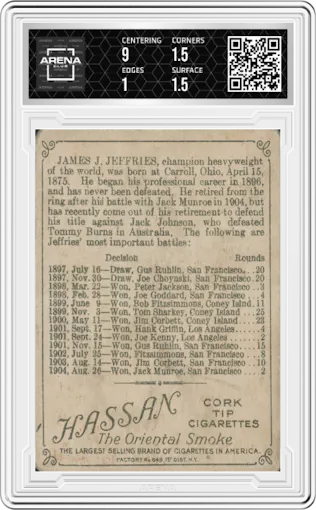 James Jeffries from the 1910 T218 Champions set featuring a Prize Fighter parallel graded by Arena Club.