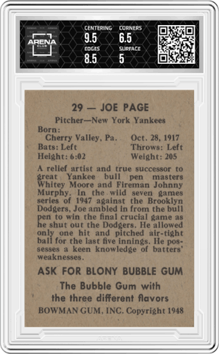 Joe Page from the 1948 Bowman set graded by Arena Club and given an overall grade of 5.5.