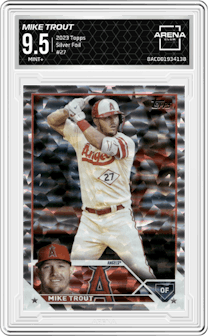 Mike Trout from the 2023 Topps  set featuring a Silver Foil parallel graded by Arena Club and given an overall grade of 9.5.