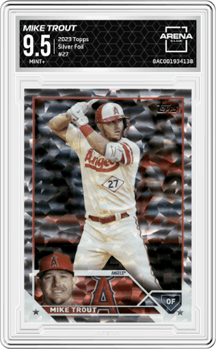 Mike Trout from the 2023 Topps  set featuring a Silver Foil parallel graded by Arena Club and given an overall grade of 9.5.