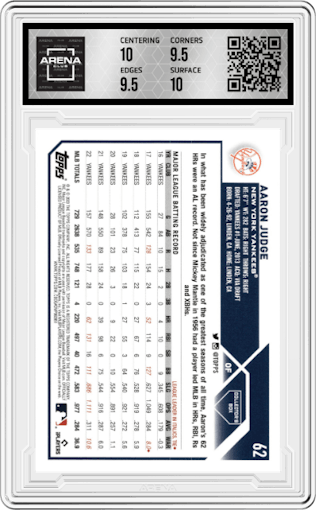 Aaron Judge from the 2023 Topps  set featuring a Silver Foil parallel graded by Arena Club and given an overall grade of 10.