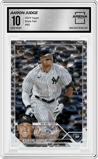 Aaron Judge from the 2023 Topps  set featuring a Silver Foil parallel graded by Arena Club and given an overall grade of 10.