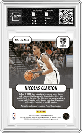 Nicolas Claxton from the 2022-23 Panini NBA Hoops set graded by Arena Club and given an overall grade of 9.5.