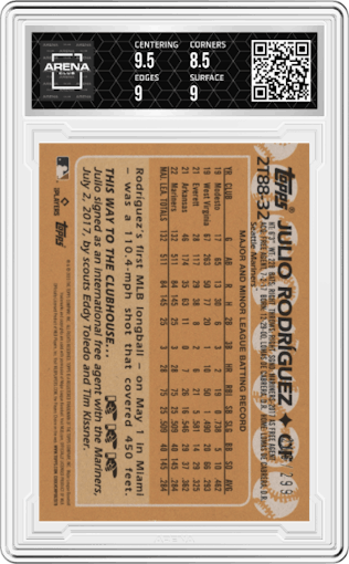 Julio Rodríguez from the 2023 Topps set featuring a Black parallel graded by Arena Club and given an overall grade of 9.