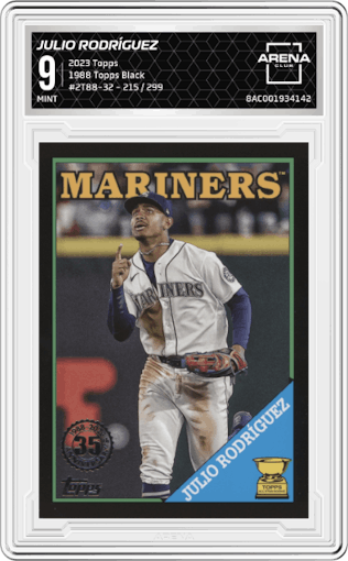 Julio Rodríguez from the 2023 Topps set featuring a Black parallel graded by Arena Club and given an overall grade of 9.