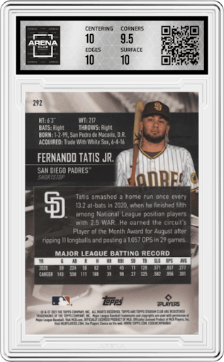 Fernando Tatis Jr. from the 2021 Topps Stadium Club Chrome set graded by Arena Club and given an overall grade of 10.
