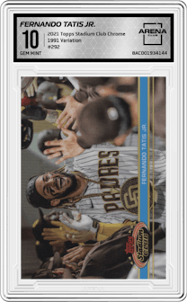 Fernando Tatis Jr. from the 2021 Topps Stadium Club Chrome set graded by Arena Club and given an overall grade of 10.