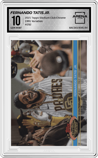 Fernando Tatis Jr. from the 2021 Topps Stadium Club Chrome set graded by Arena Club and given an overall grade of 10.