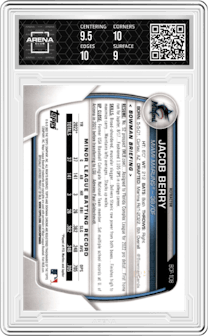 Jacob Berry from the 2023 Bowman  set featuring a Refractor parallel graded by Arena Club and given an overall grade of 9.5.