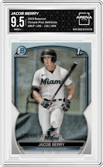 Jacob Berry from the 2023 Bowman  set featuring a Refractor parallel graded by Arena Club and given an overall grade of 9.5.
