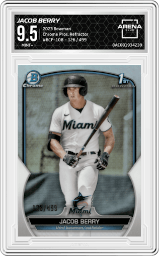 Jacob Berry from the 2023 Bowman  set featuring a Refractor parallel graded by Arena Club and given an overall grade of 9.5.