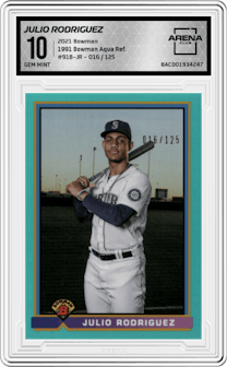 Julio Rodriguez from the 2021 Bowman set featuring a Aqua Refractor parallel graded by Arena Club and given an overall grade of 10.
