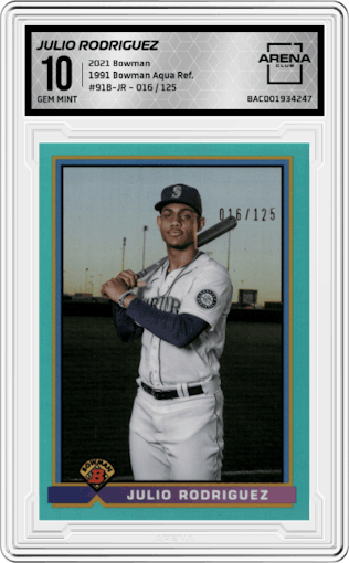 Julio Rodriguez from the 2021 Bowman set featuring a Aqua Refractor parallel graded by Arena Club and given an overall grade of 10.