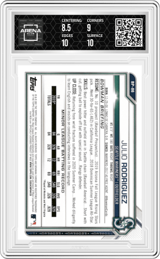 Julio Rodriguez from the 2021 Bowman set featuring a Purple Border parallel graded by Arena Club and given an overall grade of 9.