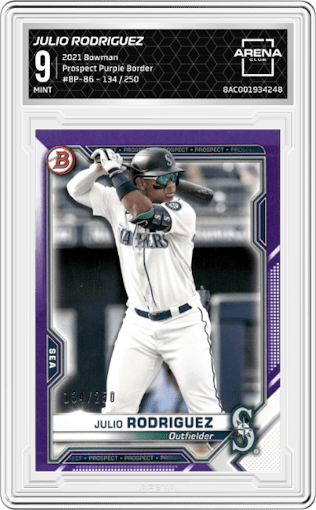 Julio Rodriguez from the 2021 Bowman set featuring a Purple Border parallel graded by Arena Club and given an overall grade of 9.