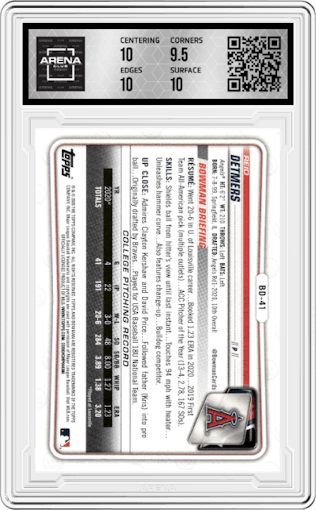 Reid Detmers from the 2020 Bowman Draft 1st Edition set featuring a Sky Blue Foil parallel graded by Arena Club and given an overall grade of 10.