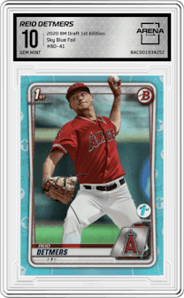 Reid Detmers from the 2020 Bowman Draft 1st Edition set featuring a Sky Blue Foil parallel graded by Arena Club and given an overall grade of 10.