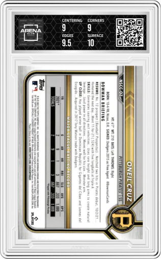 Oneil Cruz from the 2022 Topps NSCC Bowman Chrome set graded by Arena Club and given an overall grade of 9.5.