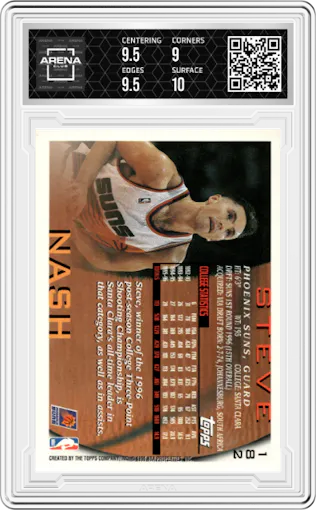 Steve Nash from the 1996-97 Topps set graded by Arena Club and given an overall grade of 9.5.