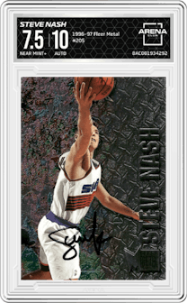 Steve Nash from the 1996-97 Fleer Metal  set graded by Arena Club and given an overall grade of 7.5.