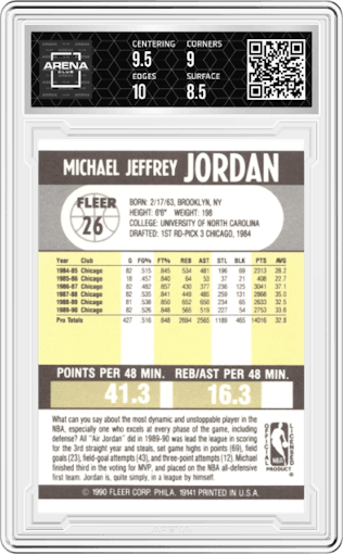Michael Jordan from the 1990-91 Fleer set graded by Arena Club and given an overall grade of 9.