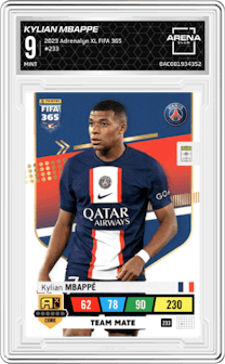 Kylian Mbappe from the 2023 Panini Adrenalyn XL FIFA 365 set graded by Arena Club and given an overall grade of 9.