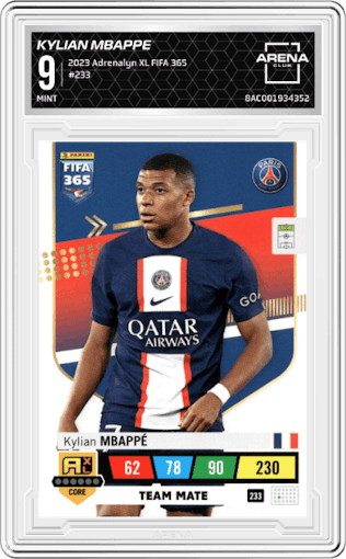 Kylian Mbappe from the 2023 Panini Adrenalyn XL FIFA 365 set graded by Arena Club and given an overall grade of 9.