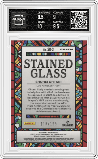 Shohei Ohtani from the 2022 Panini Prizm set featuring a Blue Donut Circles parallel graded by Arena Club and given an overall grade of 9.5.