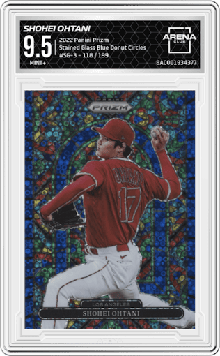 Shohei Ohtani from the 2022 Panini Prizm set featuring a Blue Donut Circles parallel graded by Arena Club and given an overall grade of 9.5.