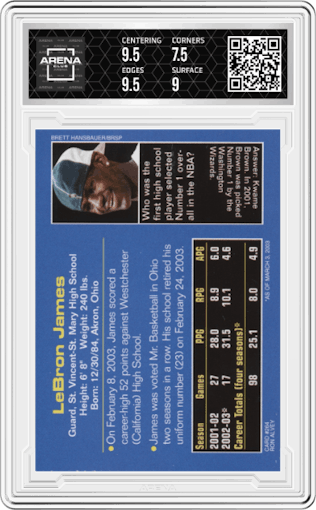 Lebron James from the 2003 Sports Illustrated for Kids set graded by Arena Club and given an overall grade of 8.