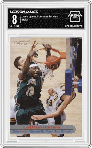 Lebron James from the 2003 Sports Illustrated for Kids set graded by Arena Club and given an overall grade of 8.