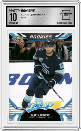 Matty Beniers from the 2022-23 Upper Deck MVP set graded by Arena Club and given an overall grade of 10.