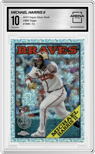 Michael Harris II from the 2023 Topps Silver Pack set graded by Arena Club and given an overall grade of 10.