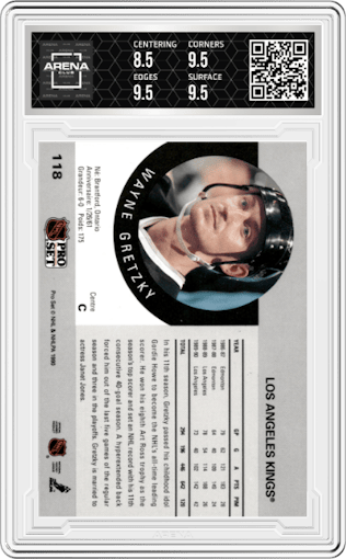 Wayne Gretzky from the 1990 Pro Set set graded by Arena Club and given an overall grade of 9.