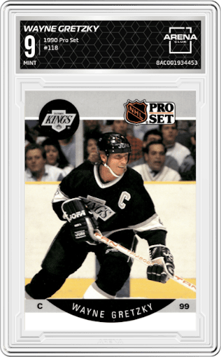 Wayne Gretzky from the 1990 Pro Set set graded by Arena Club and given an overall grade of 9.