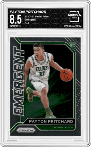 Payton Pritchard from the 2020-21 Panini Prizm set graded by Arena Club and given an overall grade of 8.5.