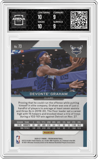 Devonte' Graham from the 2020-21 Panini Prizm set graded by Arena Club and given an overall grade of 9.5.