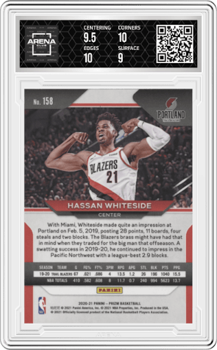 Hassan Whiteside from the 2020-21 Panini Prizm set graded by Arena Club and given an overall grade of 9.5.