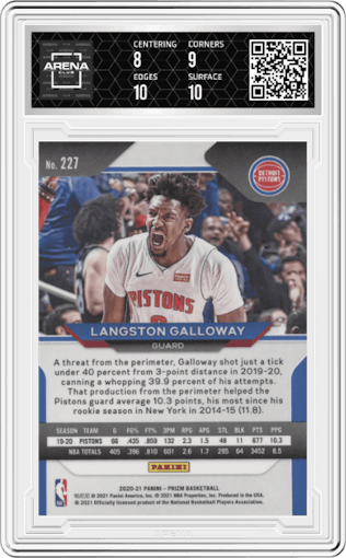 Langston Galloway from the 2020-21 Panini Prizm set graded by Arena Club and given an overall grade of 8.5.