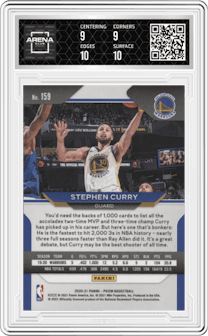 Stephen Curry from the 2020-21 Panini Prizm set graded by Arena Club and given an overall grade of 9.5.