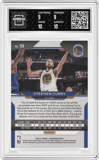 Stephen Curry from the 2020-21 Panini Prizm set graded by Arena Club and given an overall grade of 9.5.